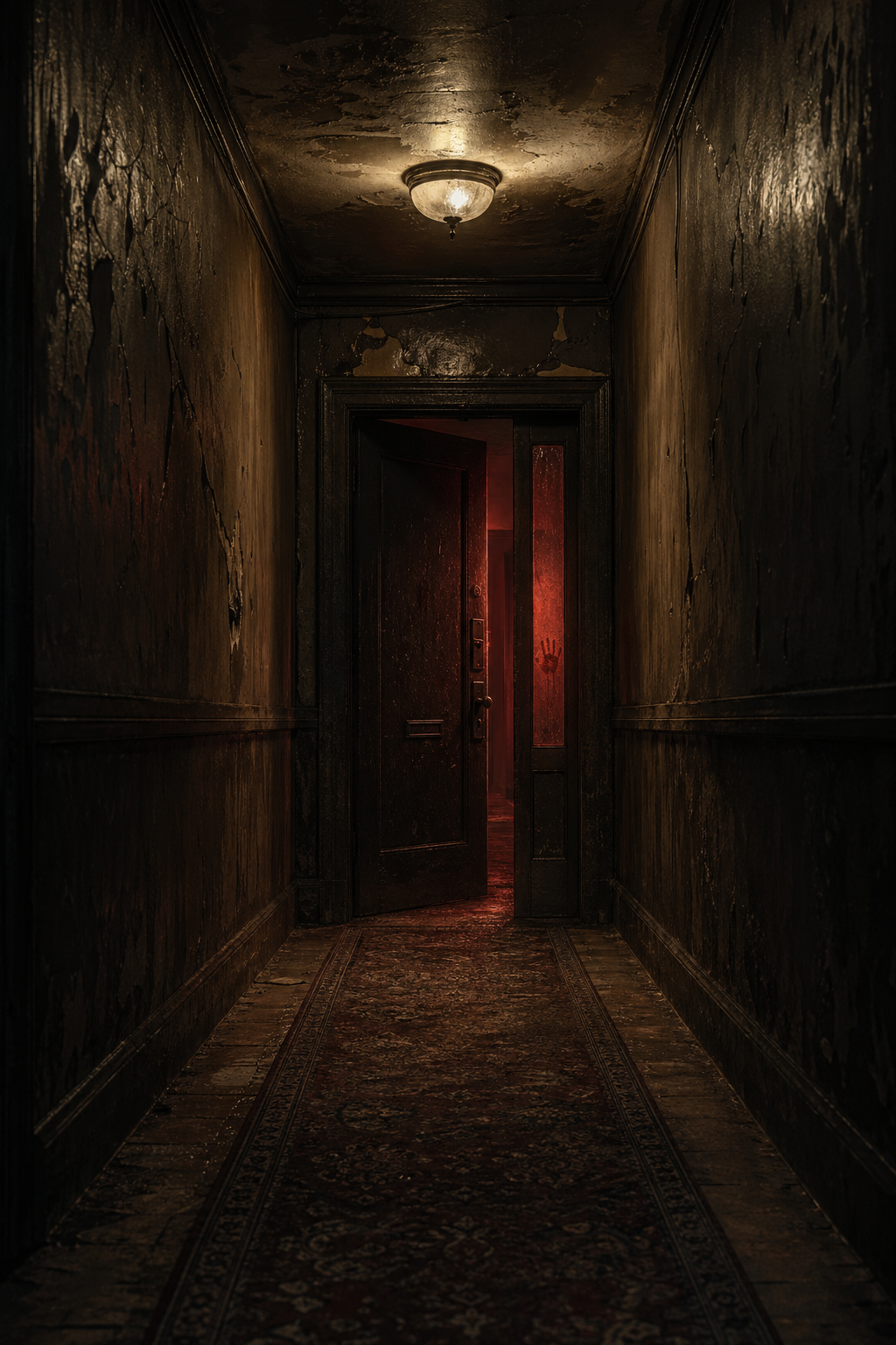 A dim apartment hallway with one red-lit door at the far end.