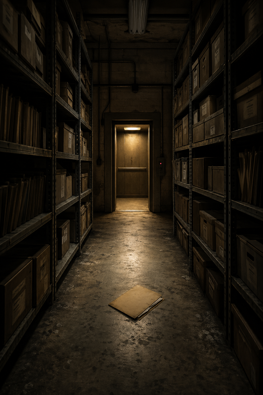 Rows of archive shelves descending into a dim institutional basement.