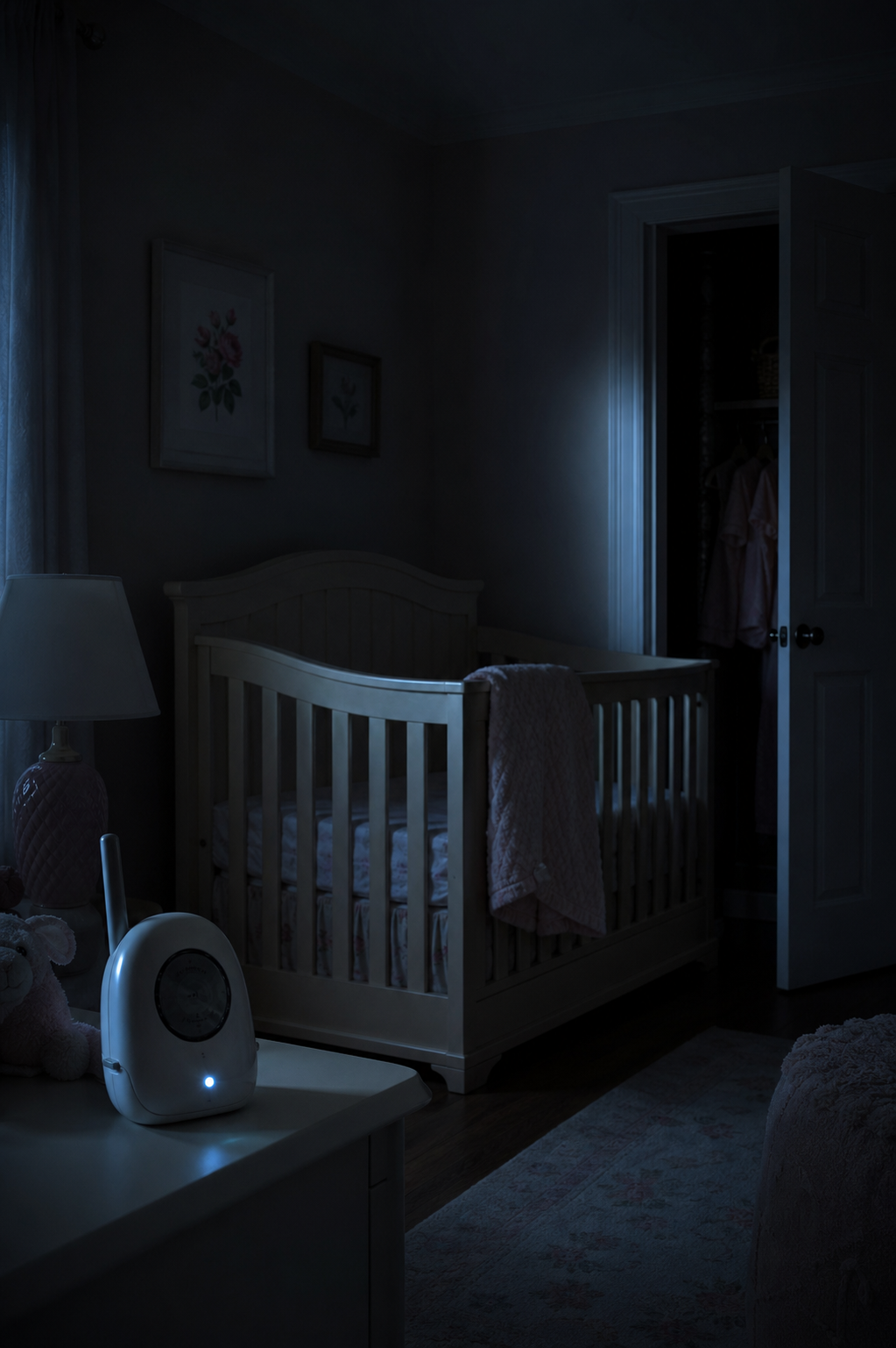 A softly lit nursery monitor beside an empty crib.