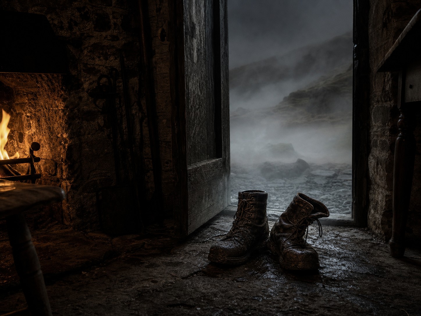 A stone bothy interior at night with a single pair of heavy hiking boots standing by the door.