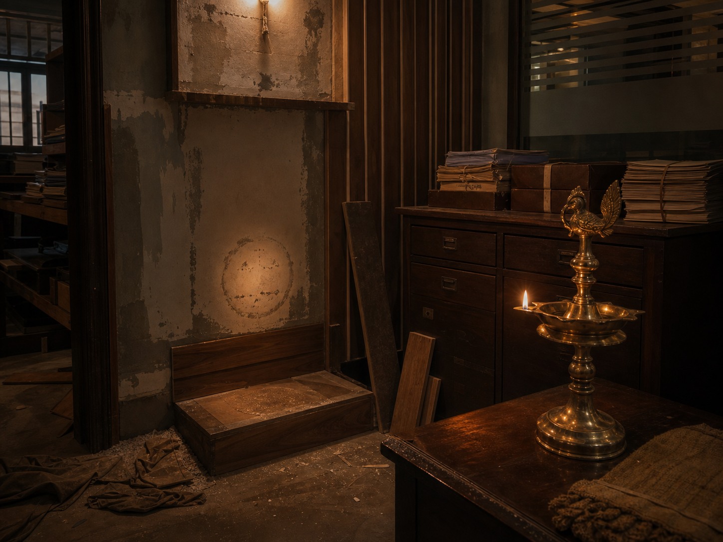 A dim family office under renovation, with a brass oil lamp set beside a wall shrine that has been partially cleared.