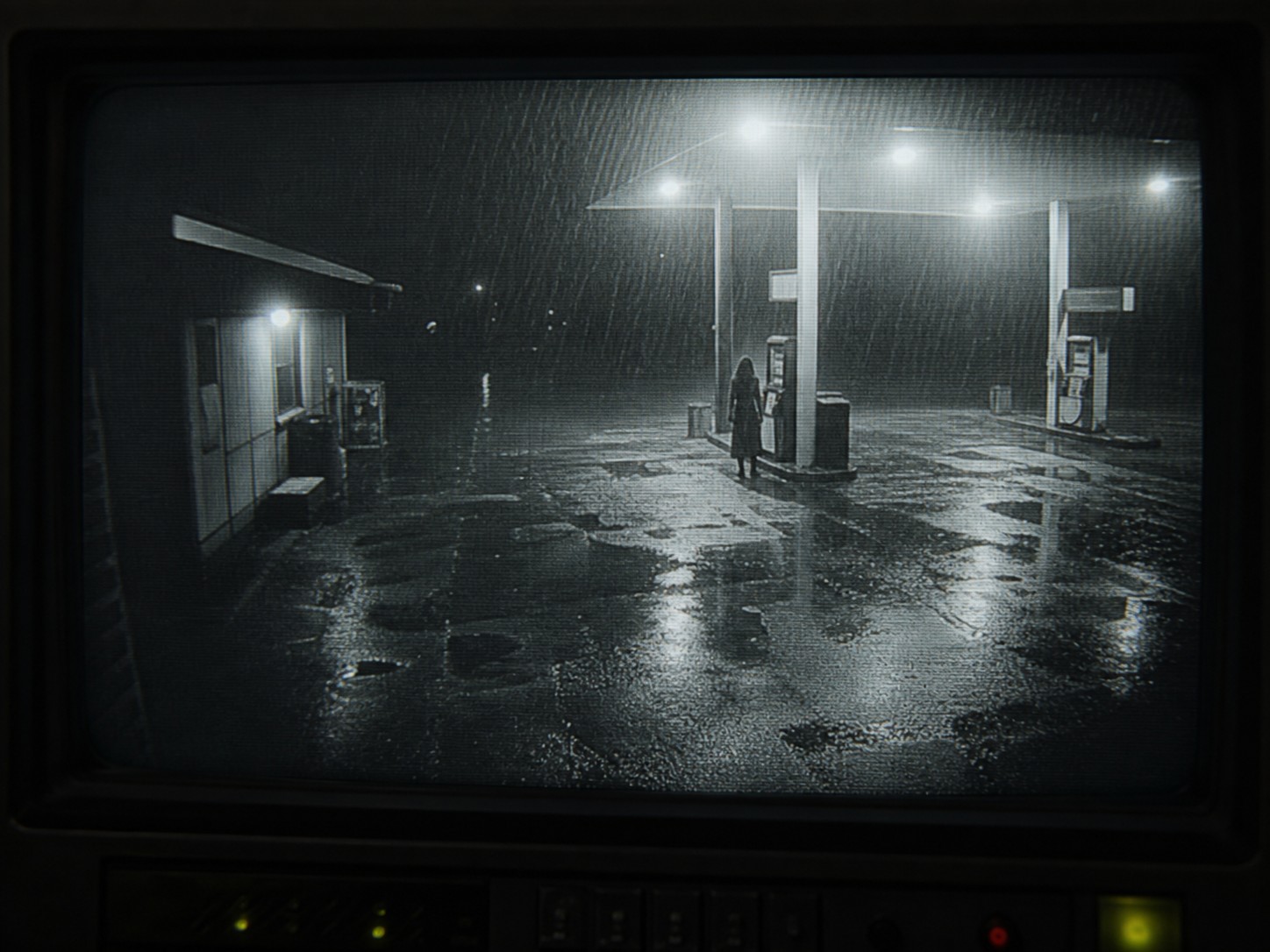 A grainy black-and-white CCTV monitor showing a deserted petrol station forecourt in the rain.
