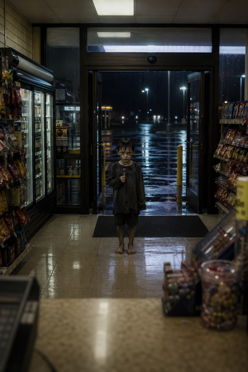 A fluorescent convenience store at night with rain on the windows.