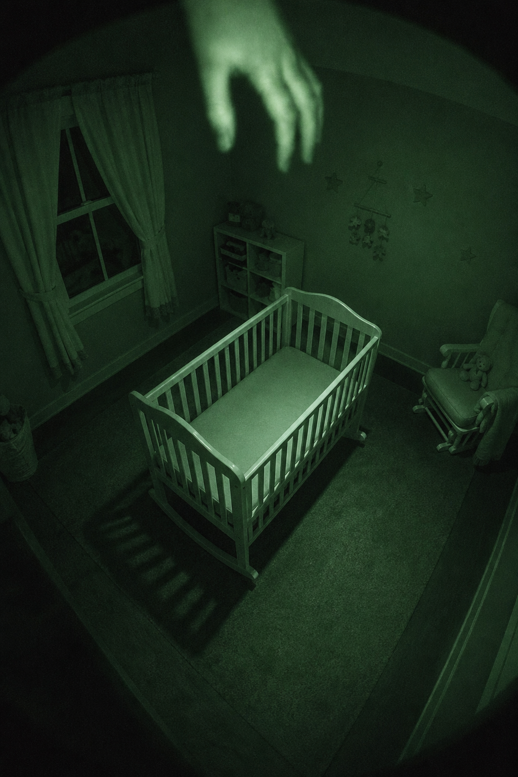 A nursery security camera view with an empty rocking crib in green night vision.