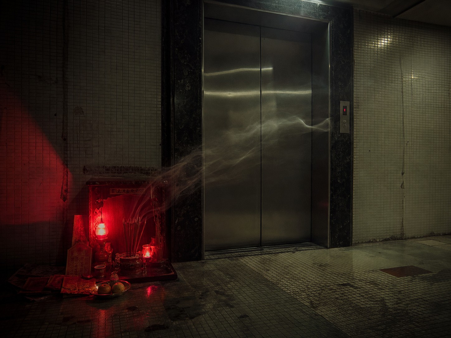 A dim elevator lobby with a red-lit floor shrine where the smoke is pulling toward the closed steel doors.