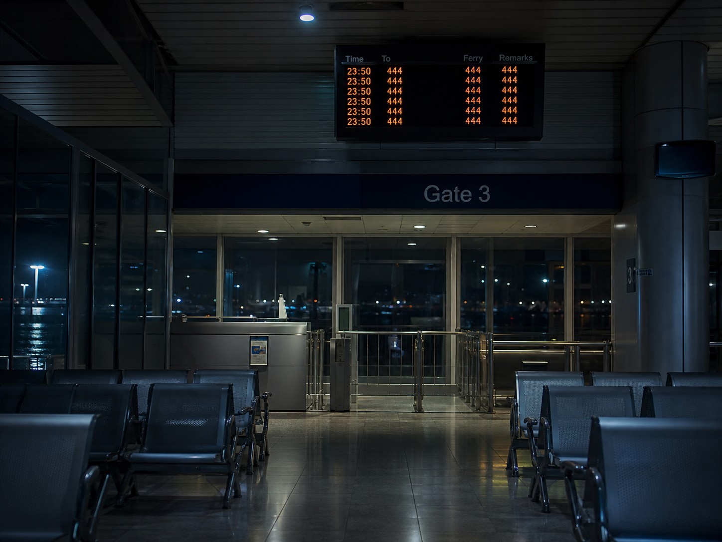 A blurred view of a ferry terminal gate with a digital display showing a repeating number.