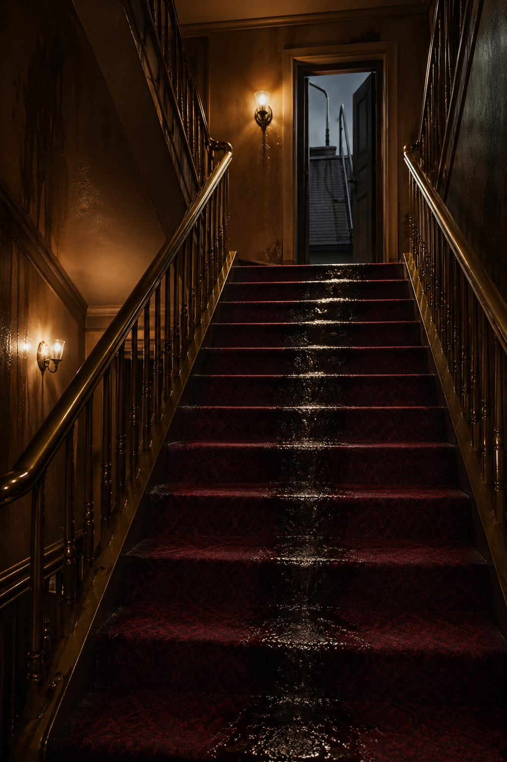A red-carpet hotel stairwell with a trail of water climbing upward.