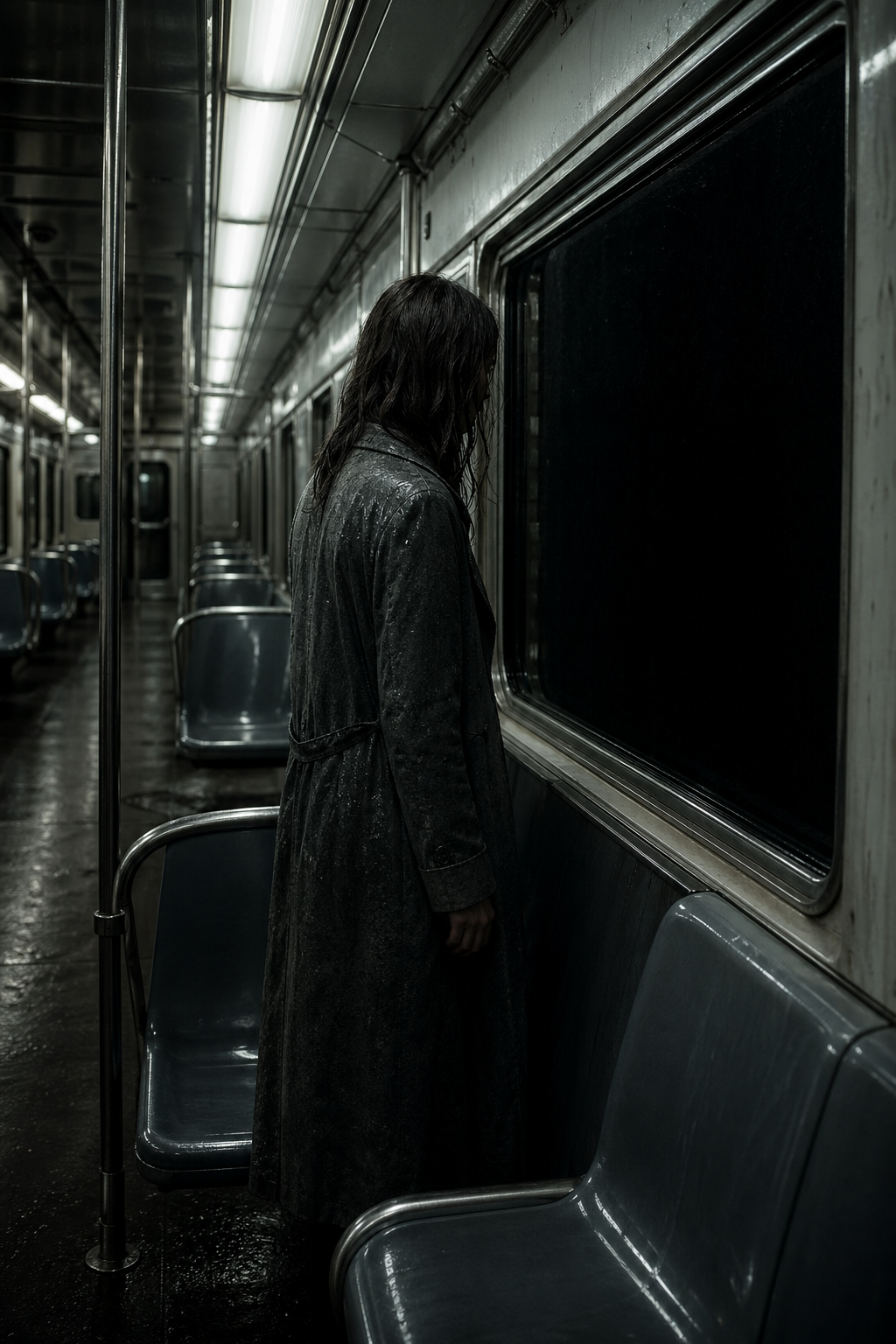 A nearly empty subway carriage with fluorescent lights and dark windows.