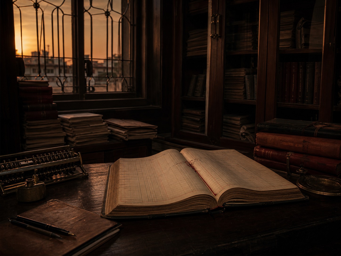 An old textile account room at dusk, with a heavy ledger open beside fading amber light.