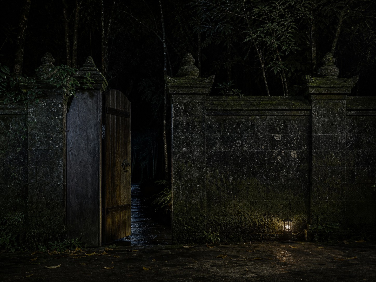 A high stone wall bordering a dark, dense jungle, with a single wooden gate slightly ajar.