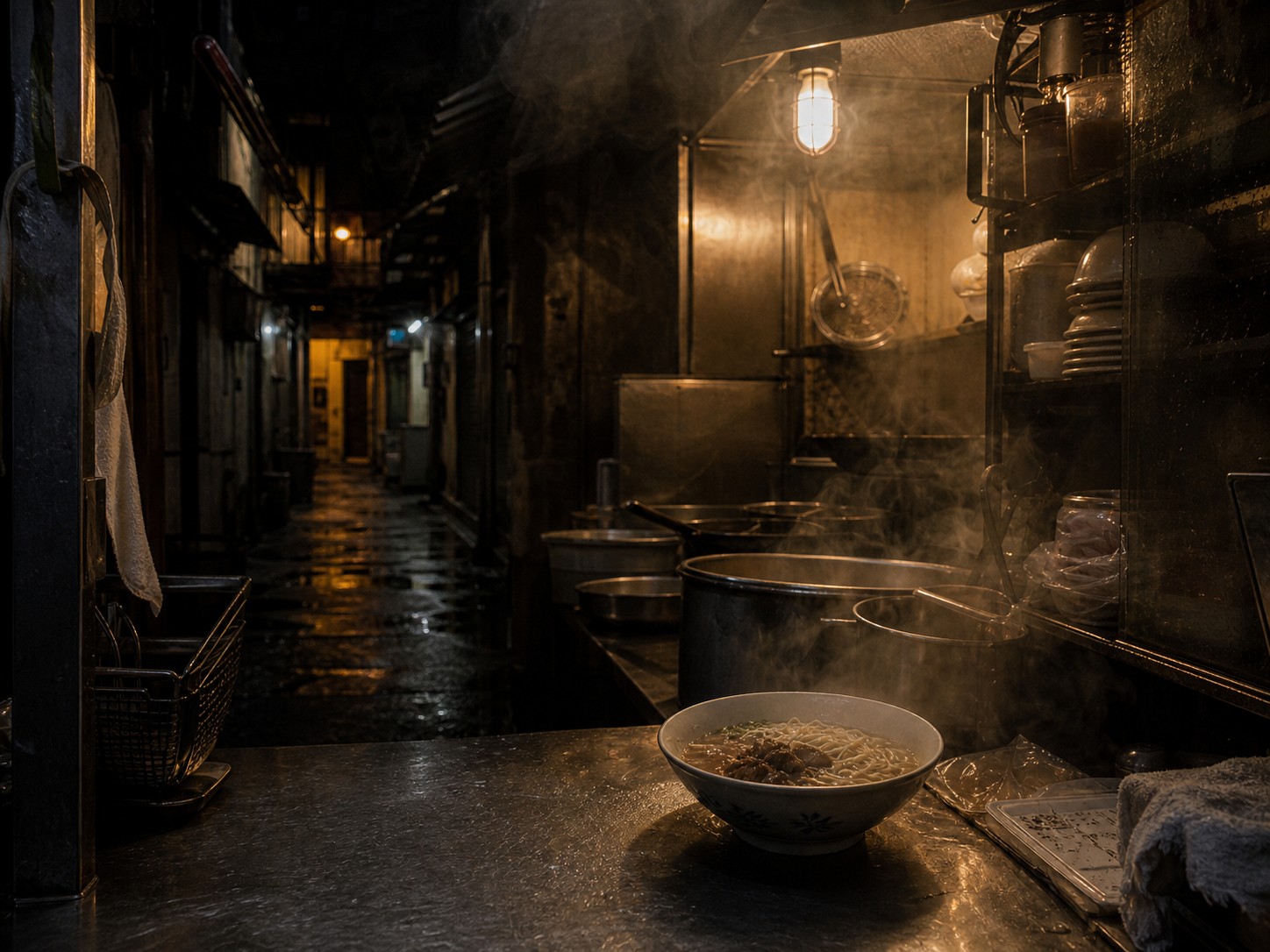 A steam-filled noodle stall in a dark Macau alleyway.