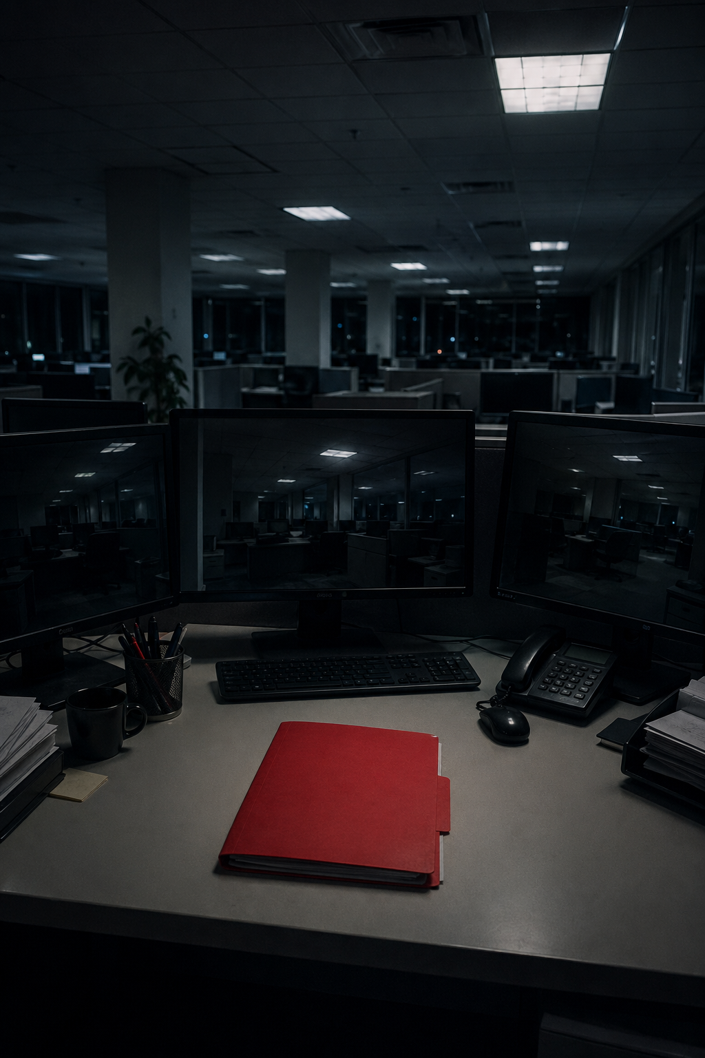 A red file folder on a deserted office desk under fluorescent light.