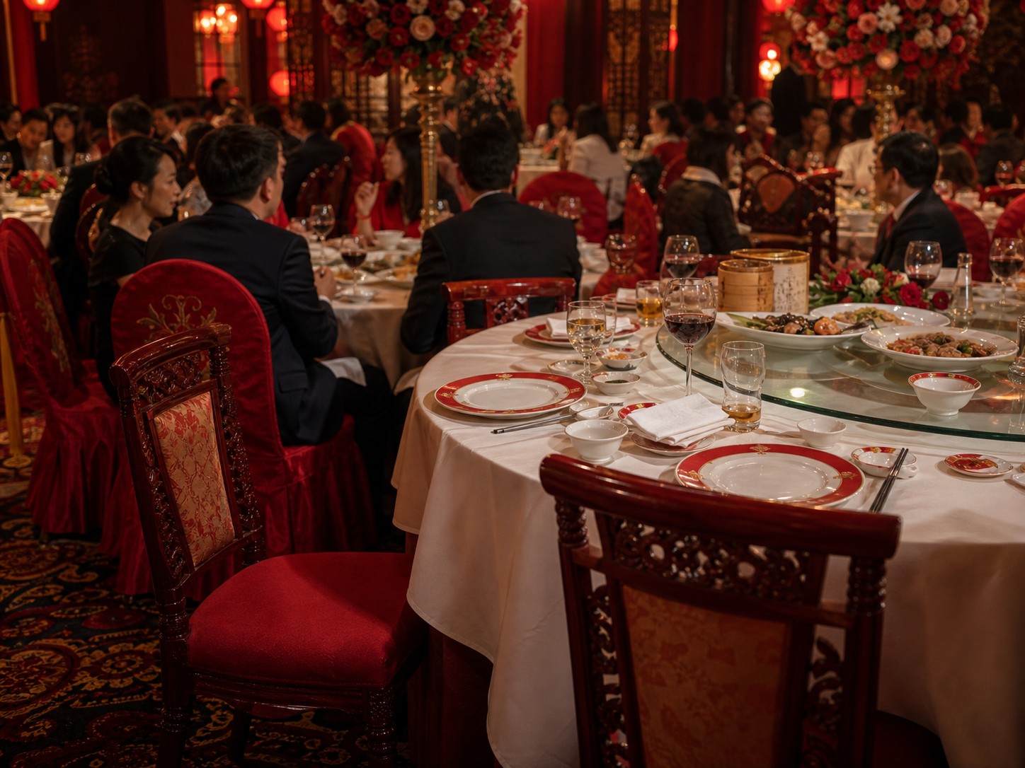 A brightly lit wedding banquet hall with one empty chair at a table full of guests.