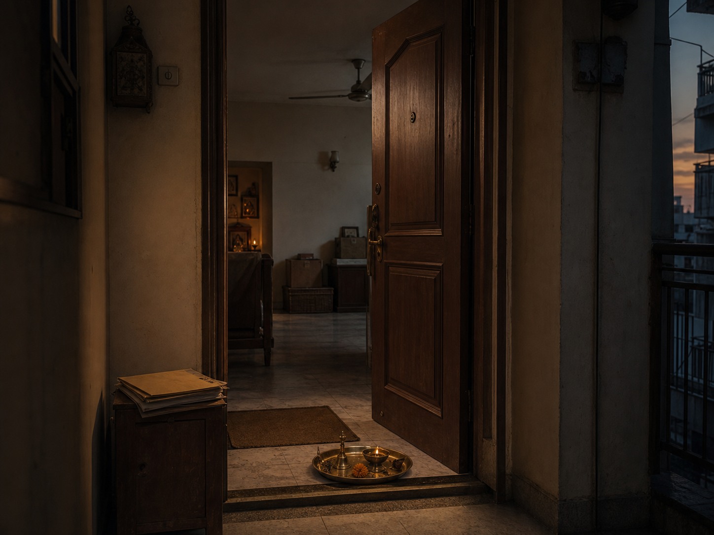 An inherited apartment doorway at dusk, with a key in the lock and a pooja tray waiting on the floor.